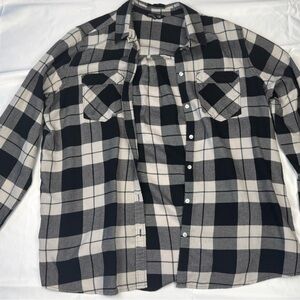 Express - White, Grey, and Black Plaid Long Sleeve Button Up Shirt